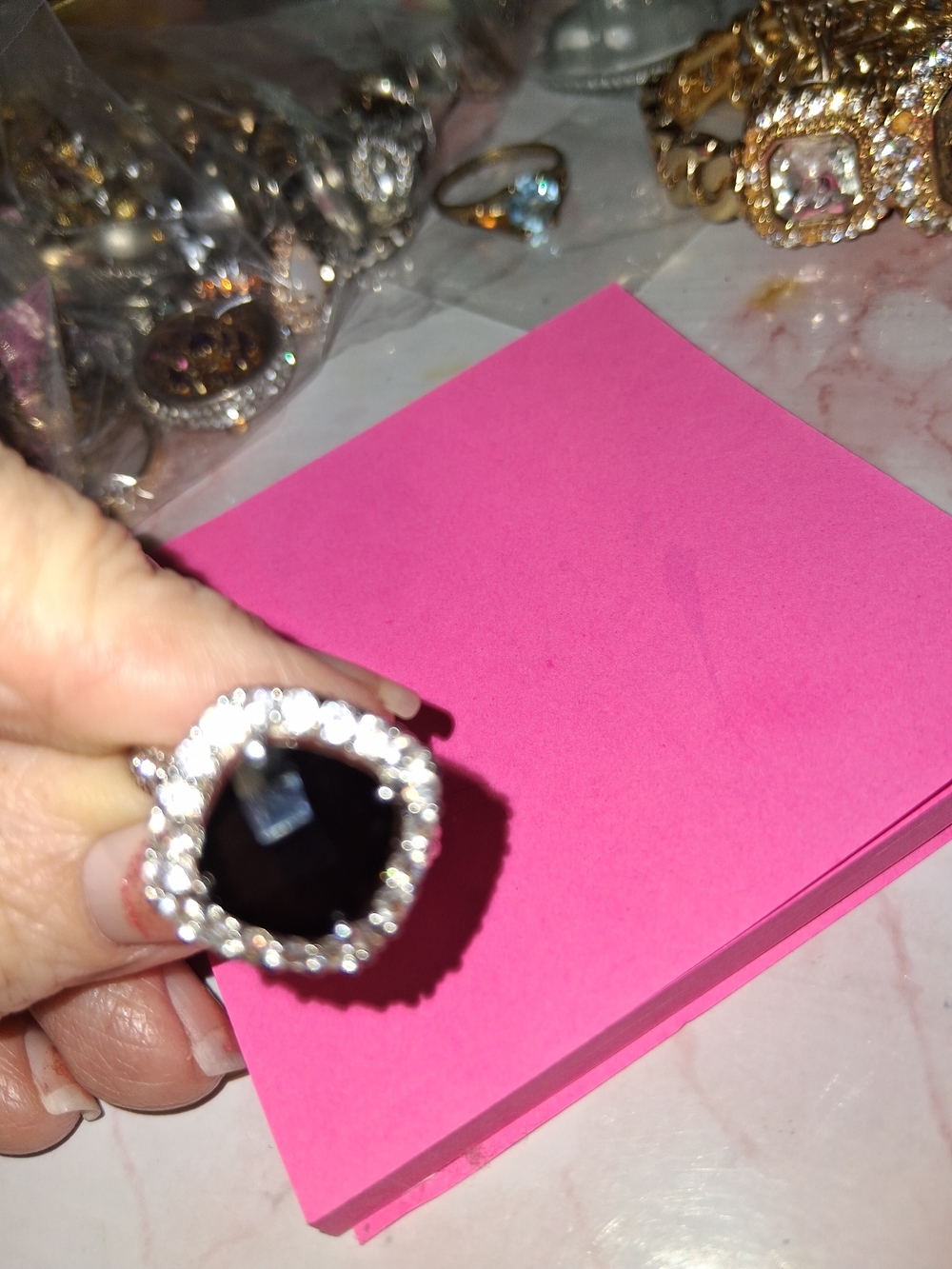 Source Unknown Black Stone Halo Ring with Clear Accent Stones